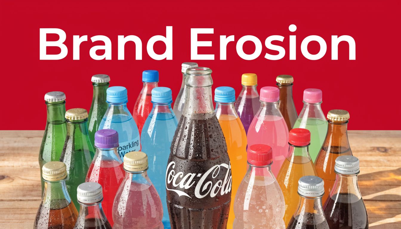 A glass bottle of Coca-Cola surrounded by various colorful generic plastic soda bottles on a wooden surface.