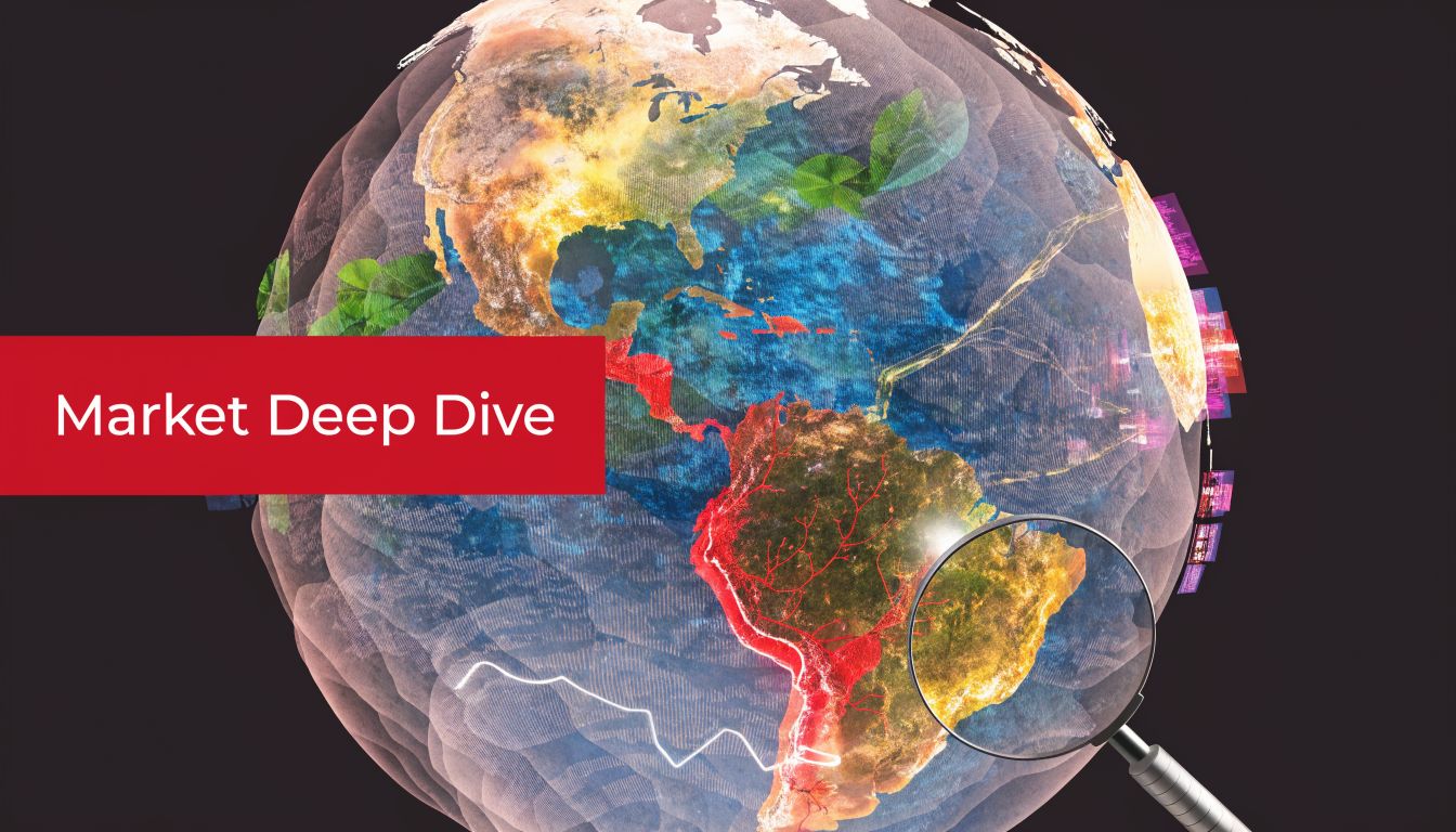 A magnifying glass focusing on South America on a stylized globe with a red Market Deep Dive banner.