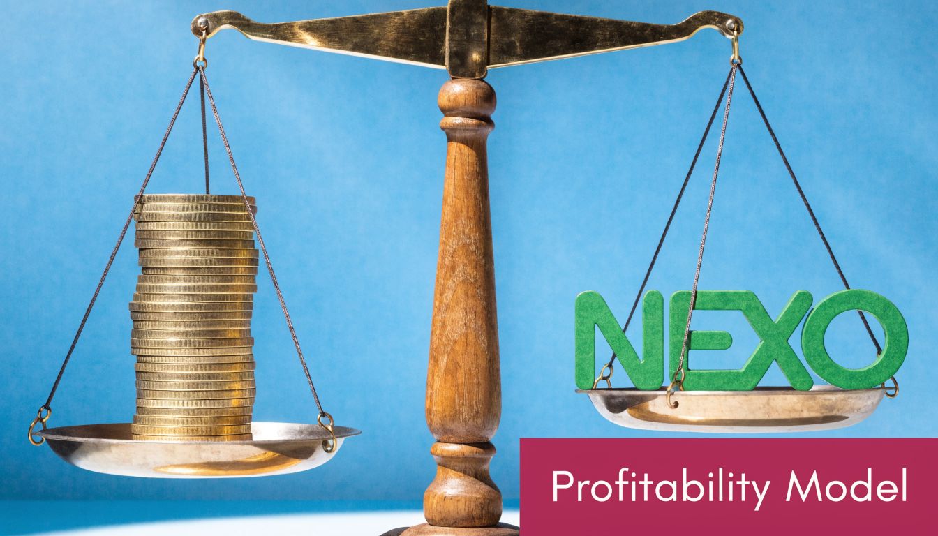 A conceptual image showing a balance scale weighing a stack of gold coins against the word Nexo.