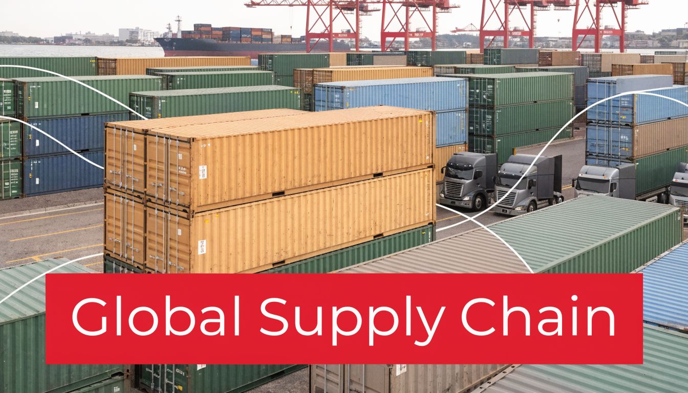 A massive shipping port filled with stacked cargo containers and trucks, symbolizing the global supply chain industry.