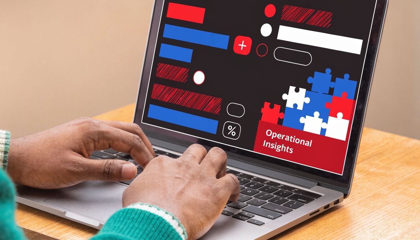 A person working on a laptop displaying data visualizations and puzzle pieces labeled as Operational Insights.