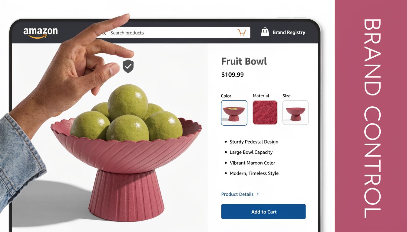 A digital screen showing an Amazon product page for a fruit bowl with branded control features.