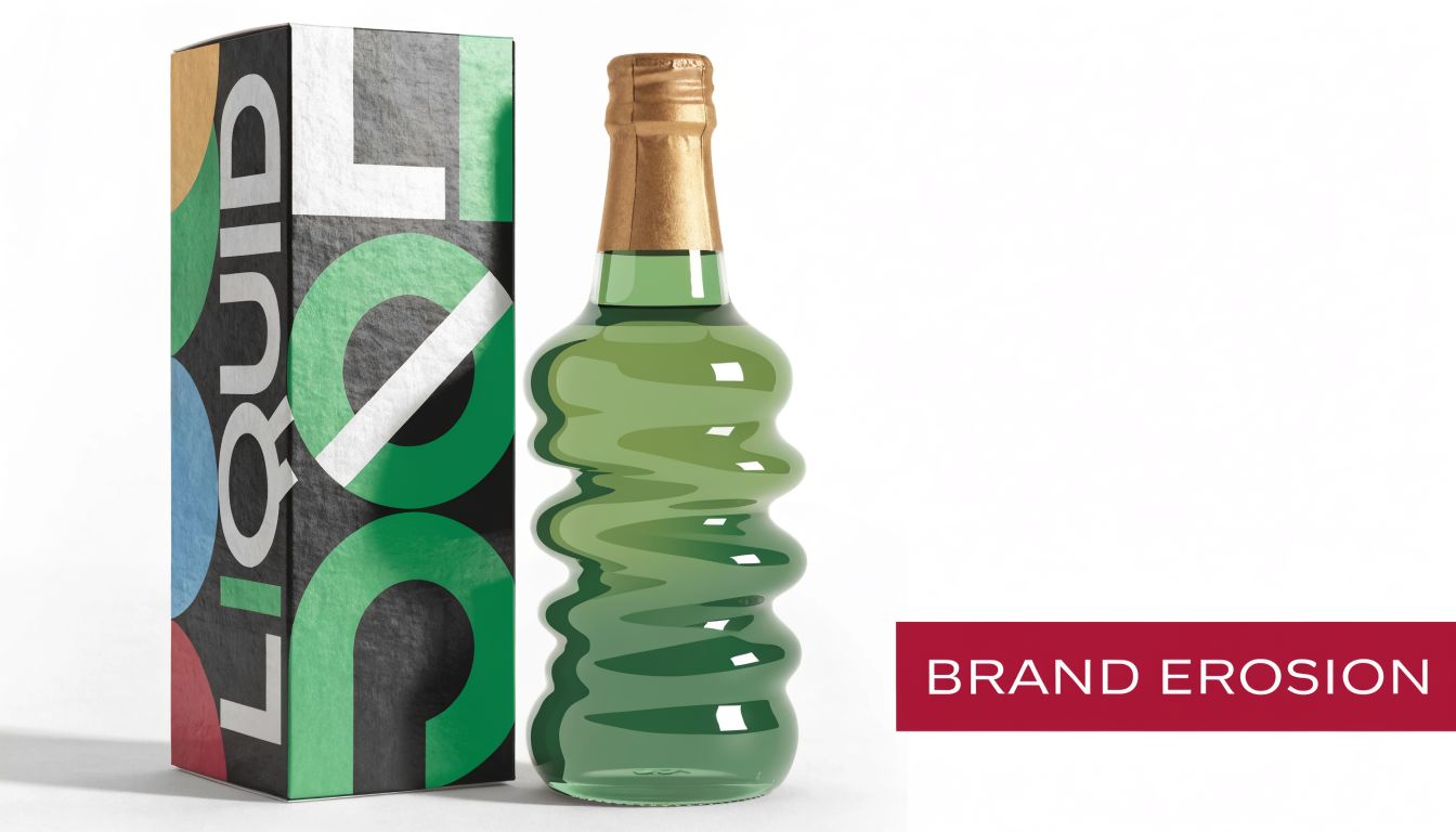 A modern, uniquely shaped green liquid bottle next to a decorative packaging box on white background.