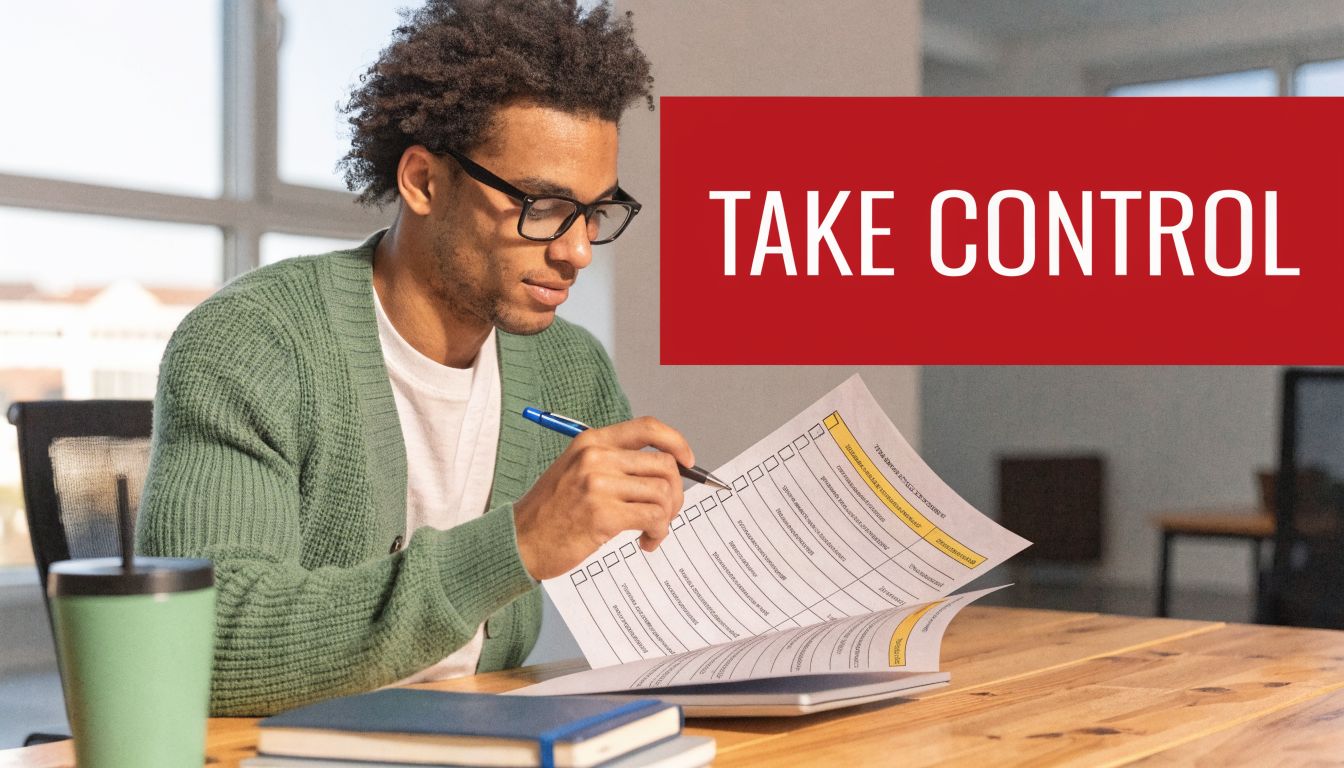 A focused man with glasses fills out a paper checklist while sitting at his desk.
