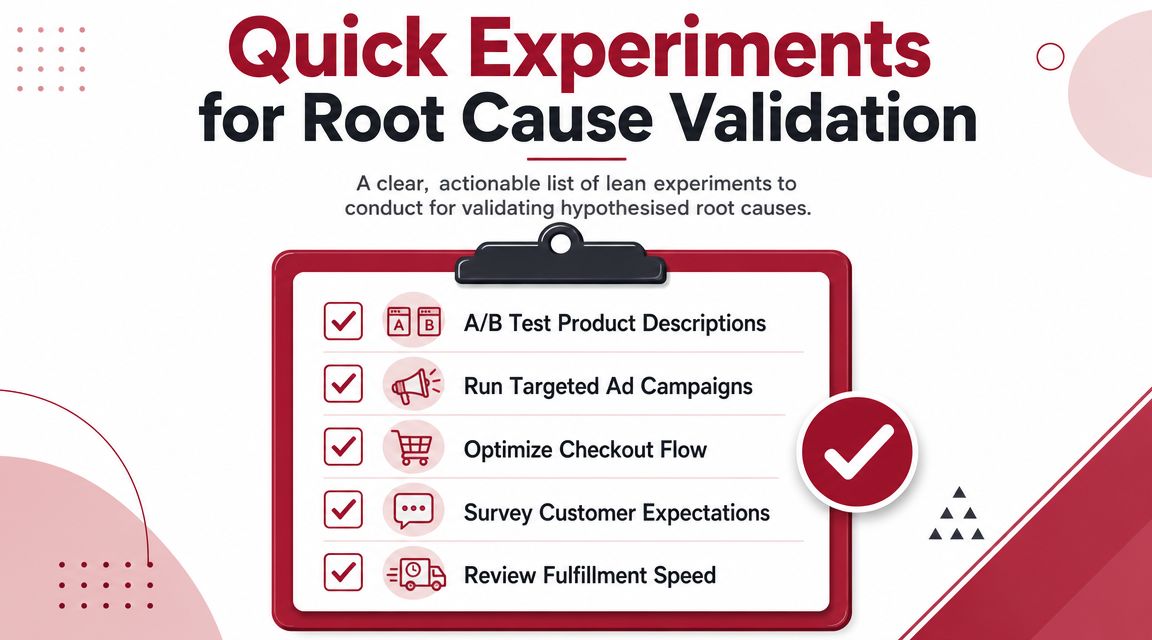 A checklist titled Quick Experiments for Root Cause Validation with five actionable business optimization strategies listed.