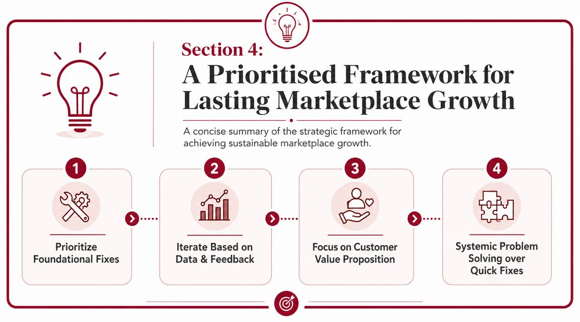 A four-step framework infographic for achieving sustainable and long-term marketplace business growth through strategic prioritization.