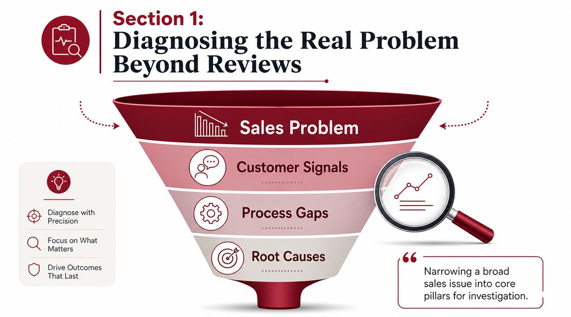 A funnel diagram illustrating the process of narrowing broad sales issues into specific core diagnostic pillars.