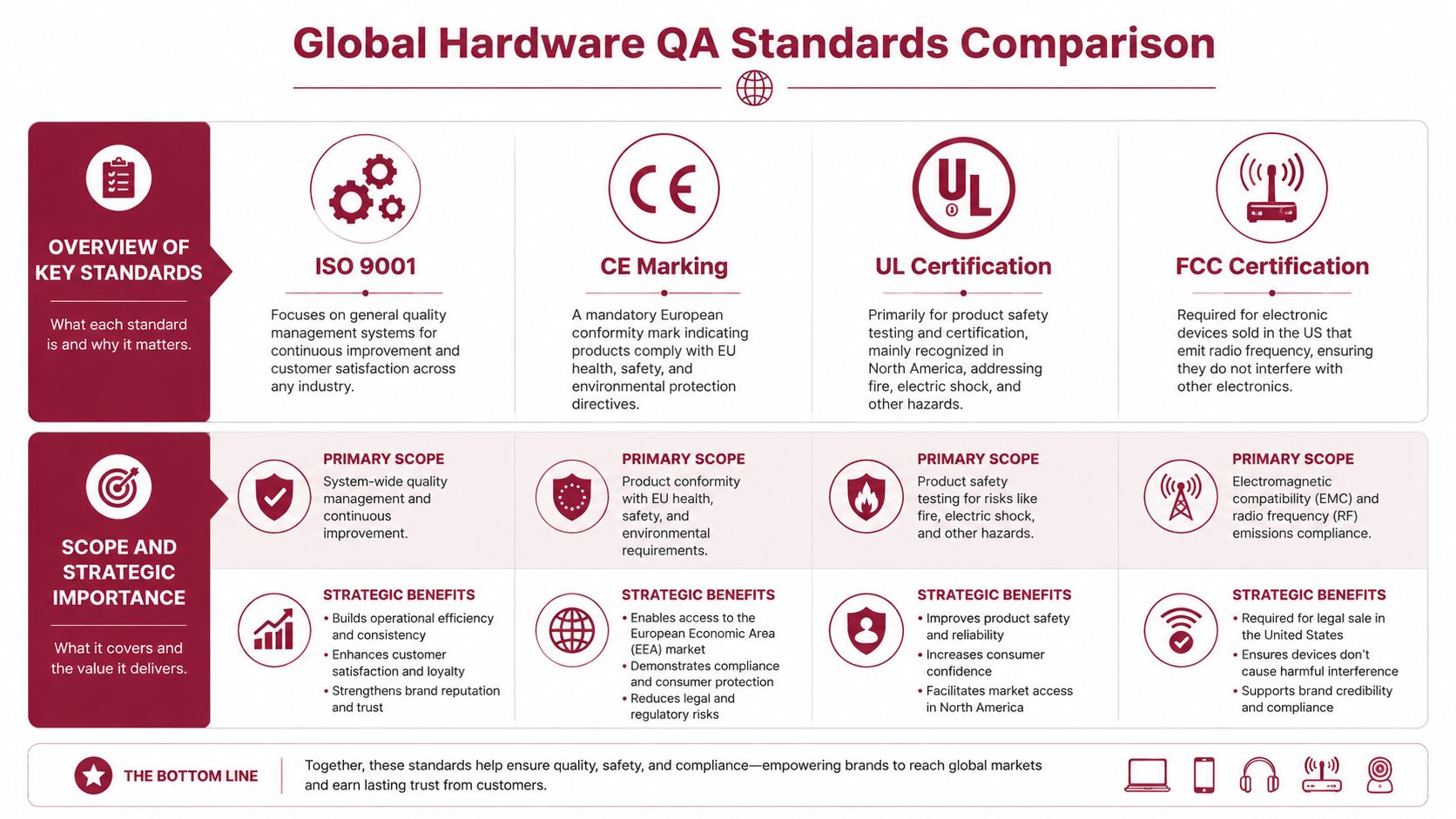 An infographic comparing global hardware quality assurance standards including ISO 9001, CE, UL, and FCC certification.