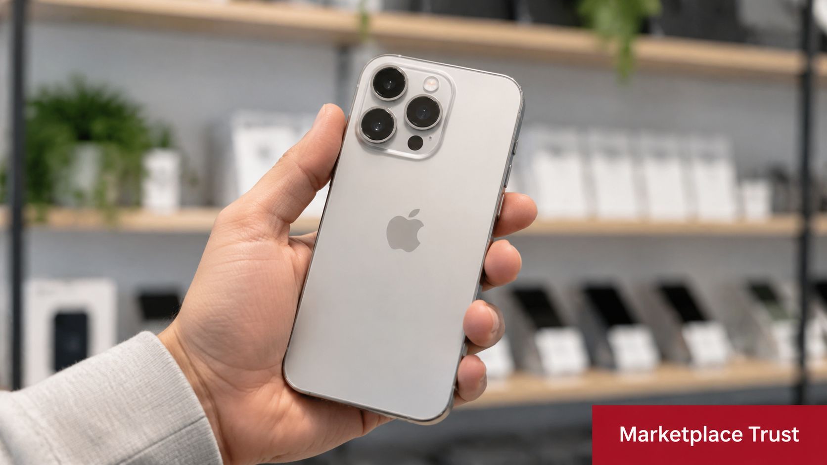 A hand holding a silver iPhone with a triple camera system in a retail store setting.