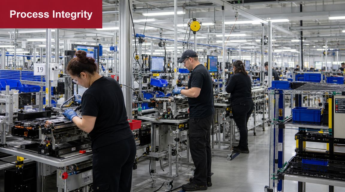 Workers performing quality assurance on assembly line equipment in a modern industrial manufacturing facility.