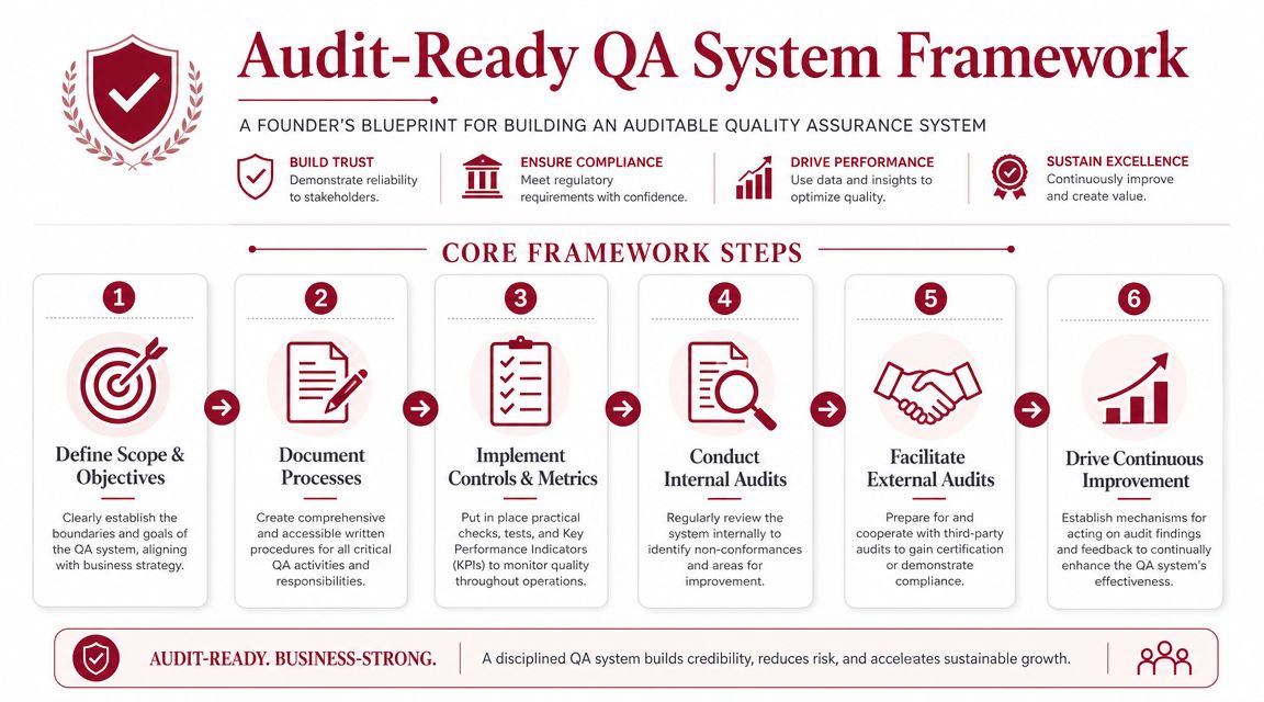 A six-step framework infographic illustrating the process for building an audit-ready quality assurance system for businesses.