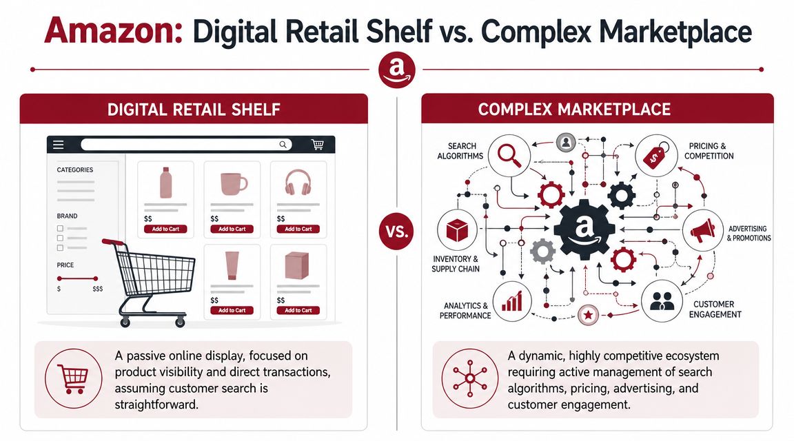 An infographic comparing Amazon as a simple retail shelf versus a complex, highly competitive marketplace ecosystem.