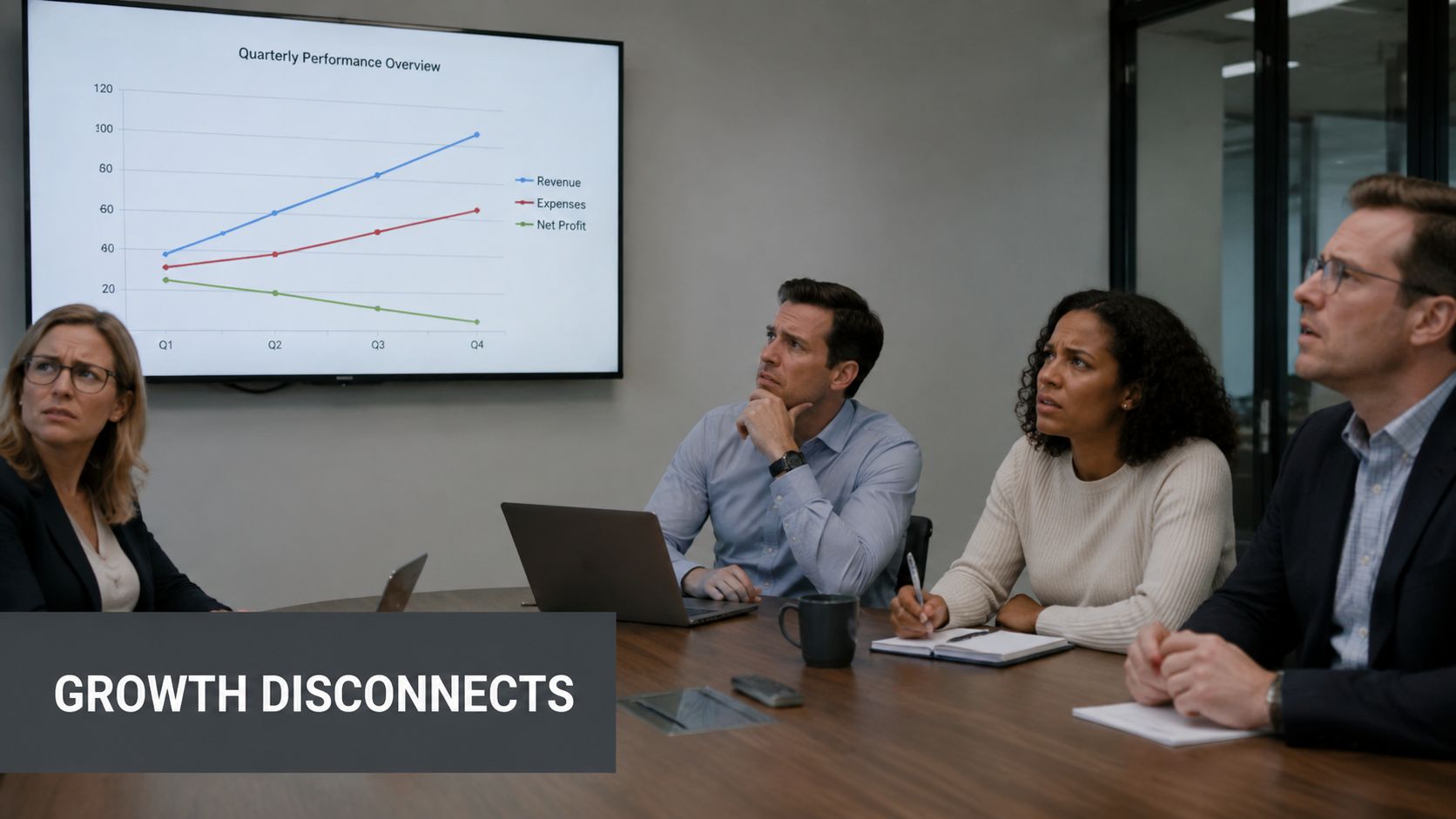 A professional business team sits around a table in a meeting room, looking up at a declining profit chart.