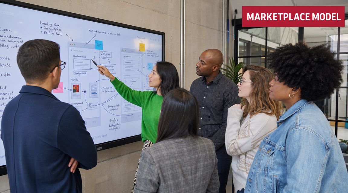 A diverse group of professionals collaborating on a project strategy in front of a digital whiteboard.