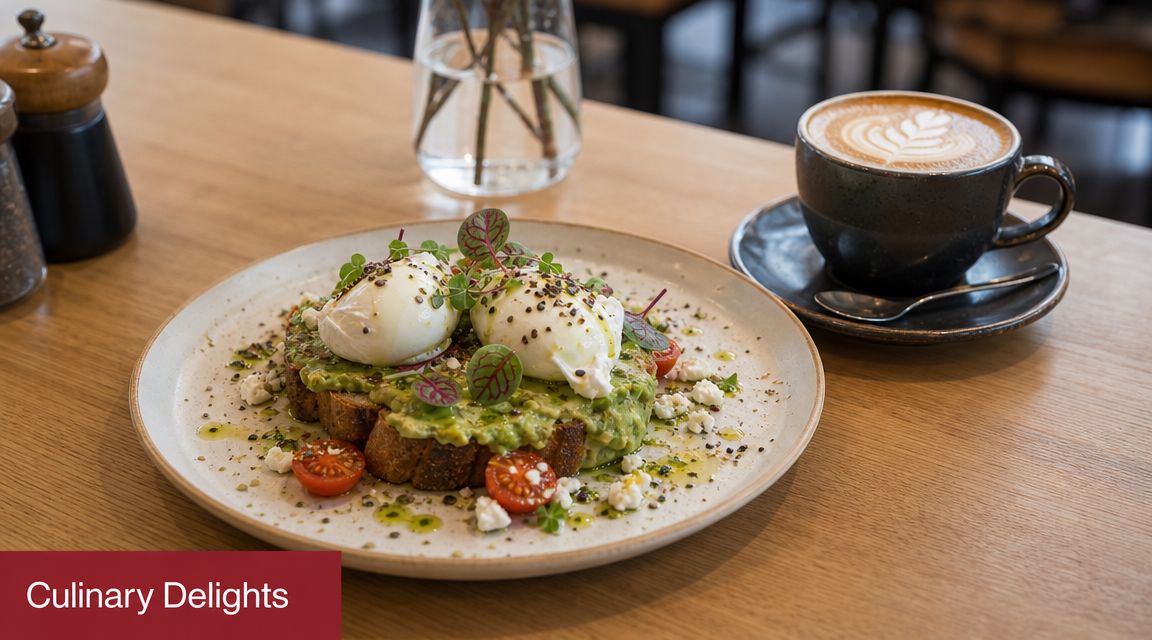 A plate of avocado toast topped with two poached eggs, cherry tomatoes, and feta cheese, served with coffee.