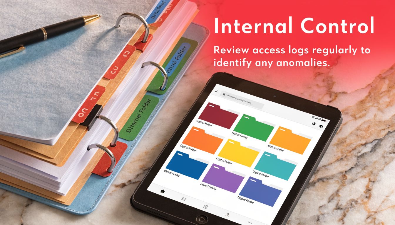 A digital tablet displaying folders next to a physical paper binder on a marble surface.