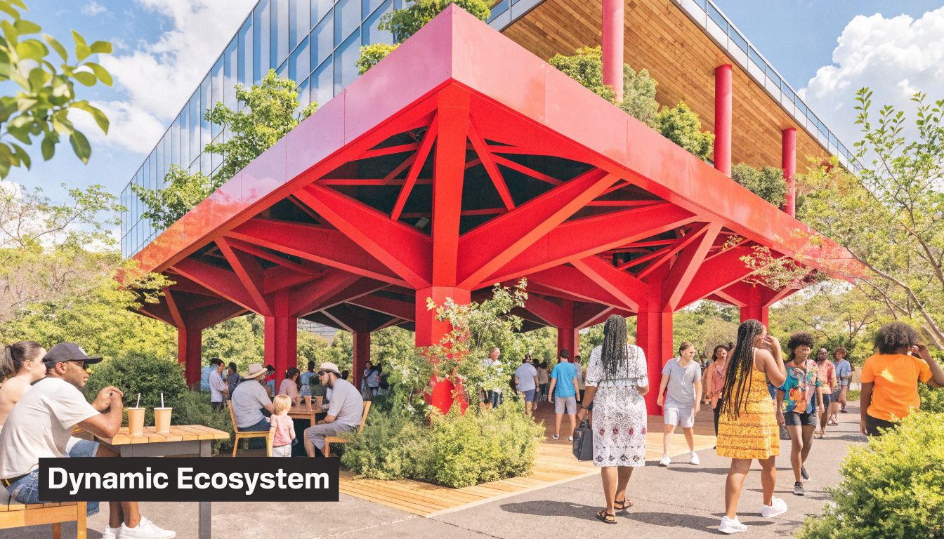 People enjoying a vibrant outdoor urban space featuring a striking red geometric structure and lush greenery.