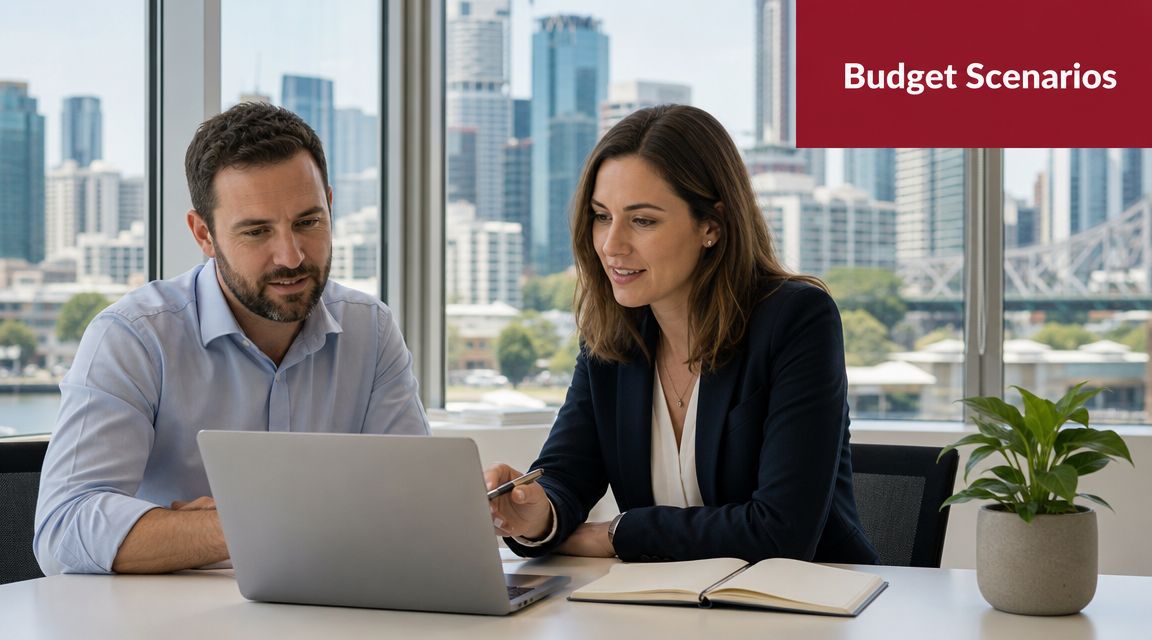 A professional man and woman discussing business strategies on a laptop in a city office.