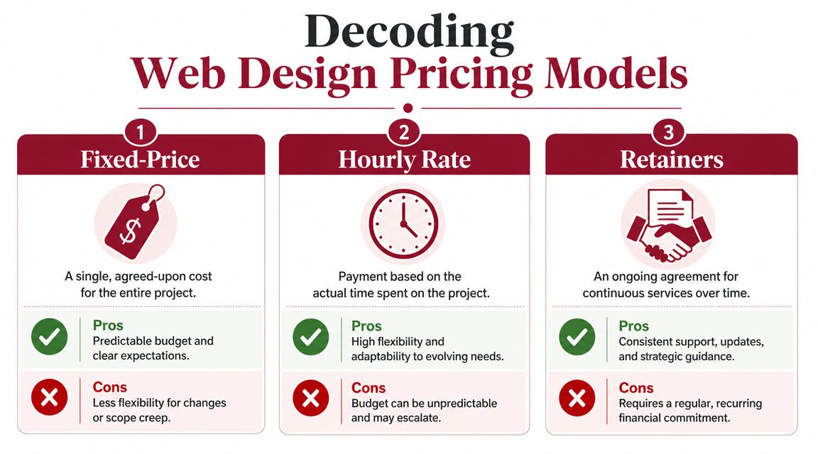 An infographic showing three common web design pricing models: fixed-price, hourly rate, and monthly retainers.