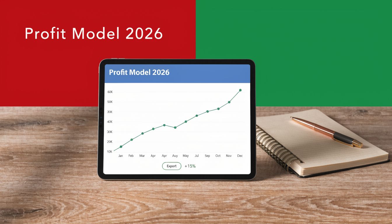 A digital tablet displaying a rising profit growth chart on a wooden desk next to a notebook.