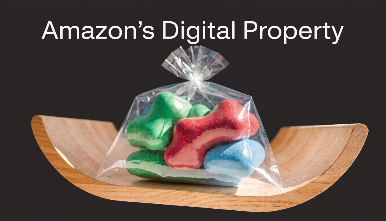 A clear plastic bag filled with colorful bone-shaped treats sitting on a curved wooden base.