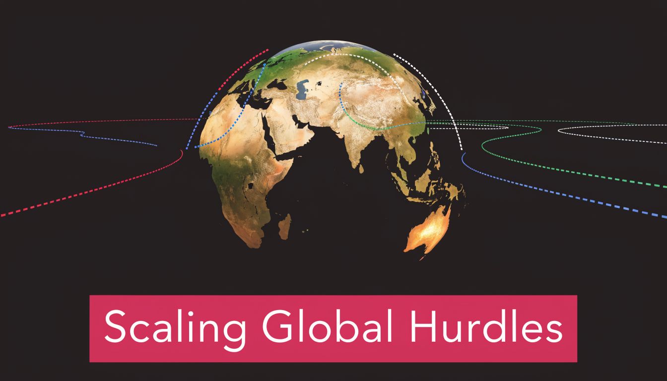 A stylized globe featuring digital network lines with the text Scaling Global Hurdles on a dark background.