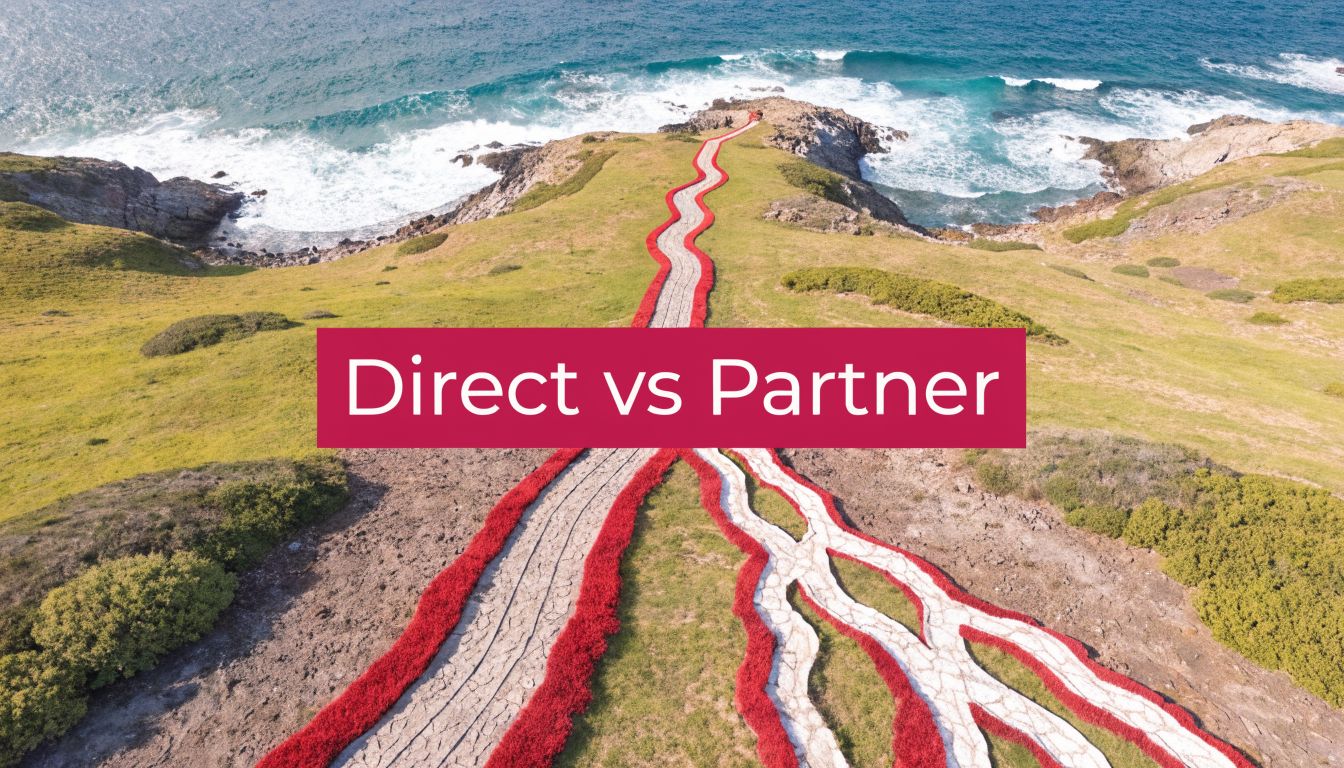 A scenic coastal path branching into two directions with a red overlay featuring the text Direct vs Partner.