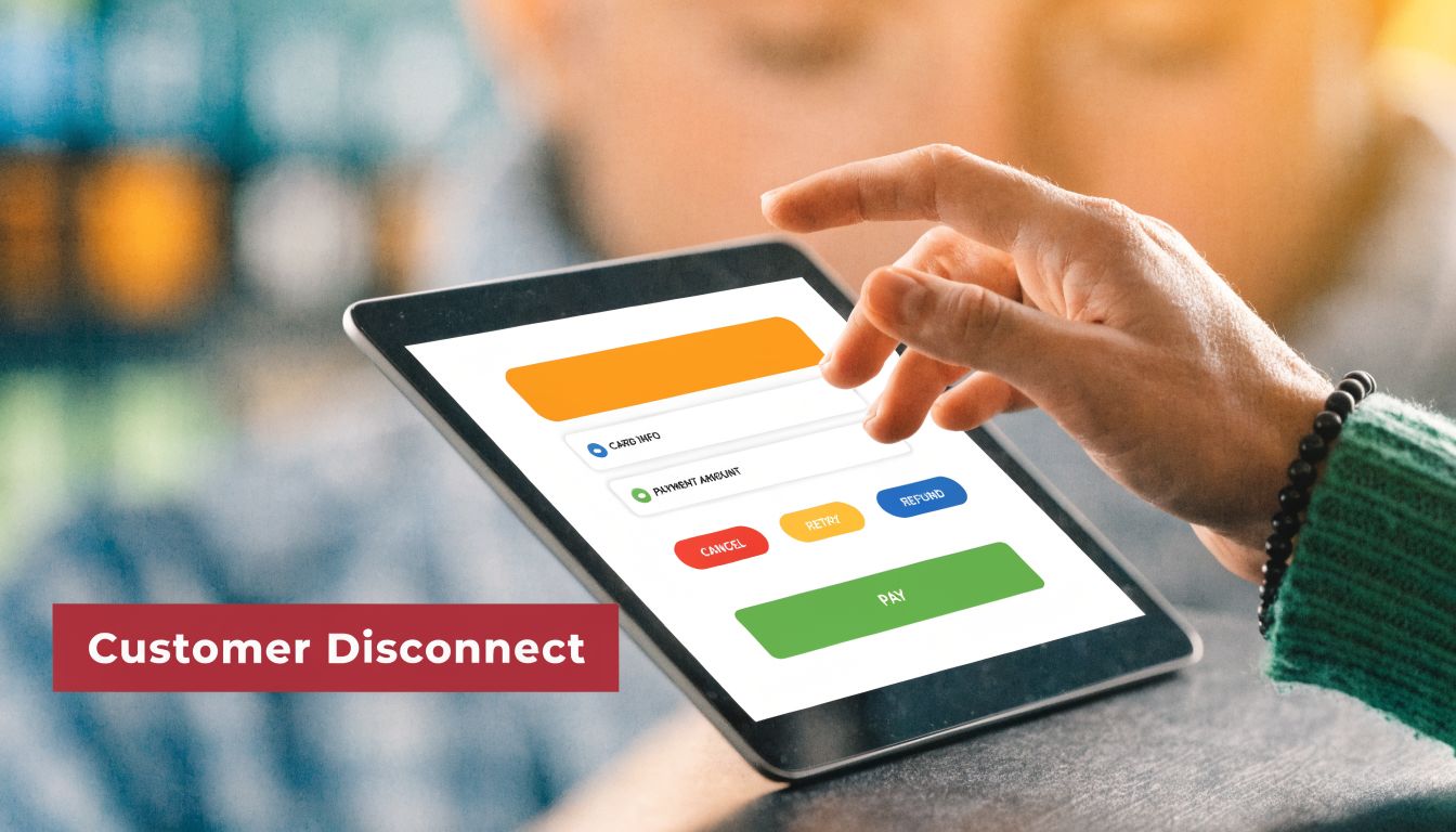 A hand using a digital tablet for payment transactions with a red banner saying Customer Disconnect overlayed.