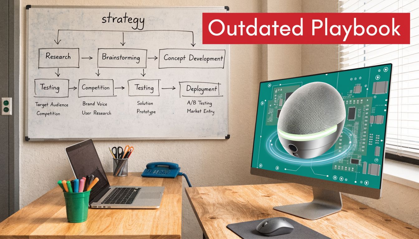 A modern workspace with a whiteboard showing strategy flowcharts and a monitor displaying a smart speaker design.
