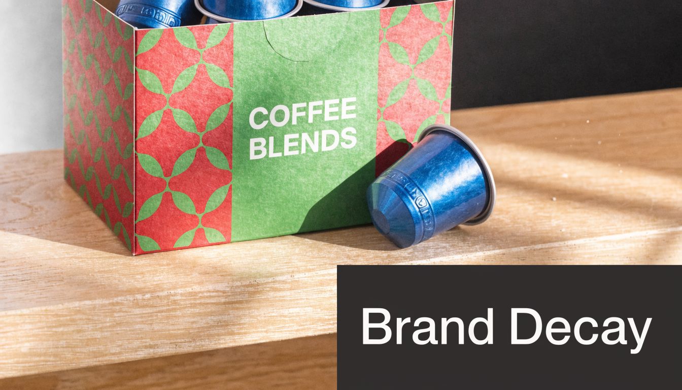 A box of coffee blends with a loose blue coffee pod resting on a wooden shelf.