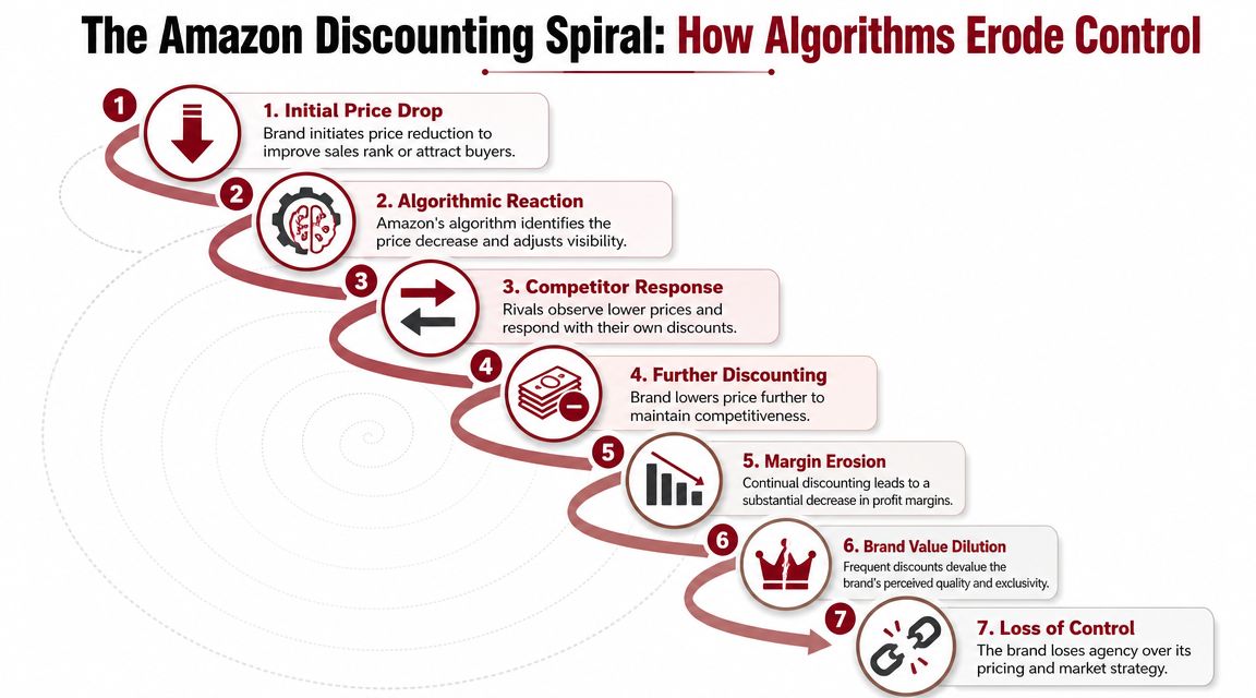 A flowchart showing the Amazon discounting spiral and how algorithmic pricing leads to loss of brand control.