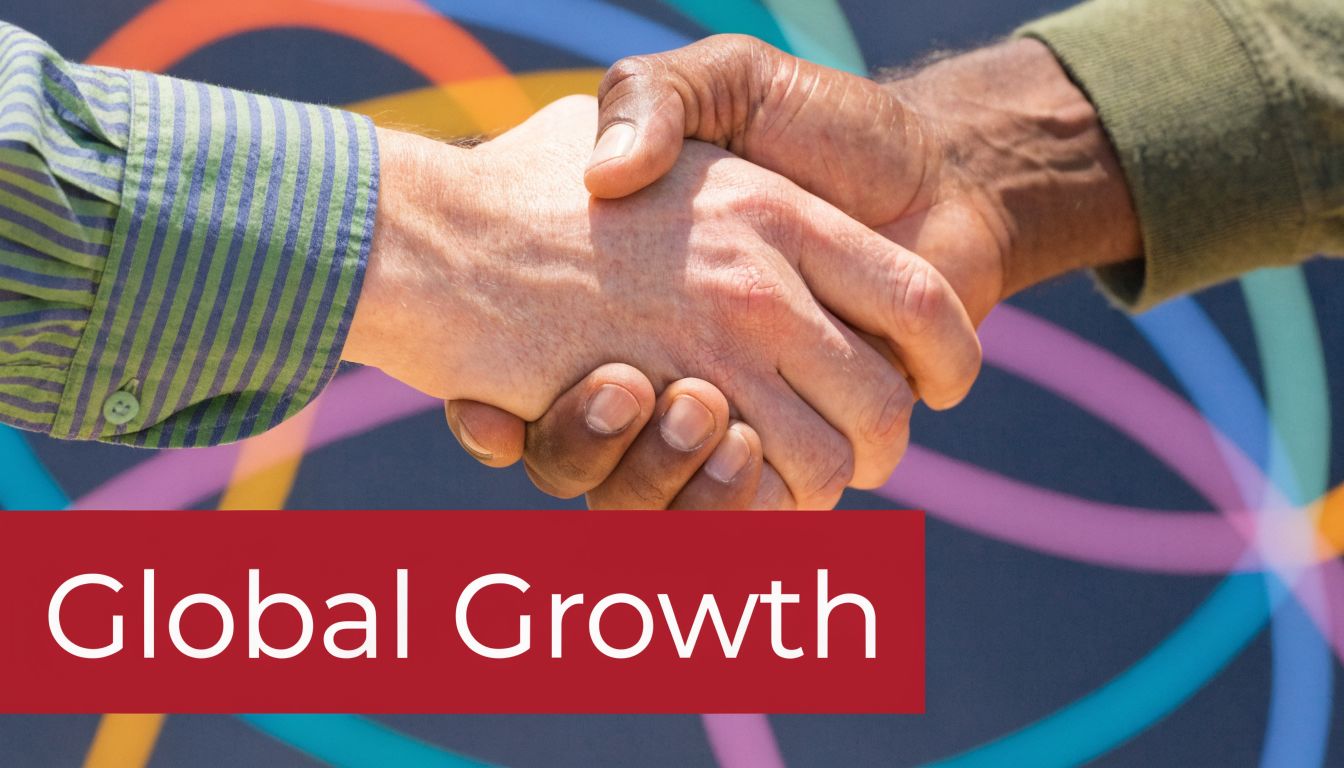 A close-up view of two people shaking hands against a colorful graphic background with global growth text.