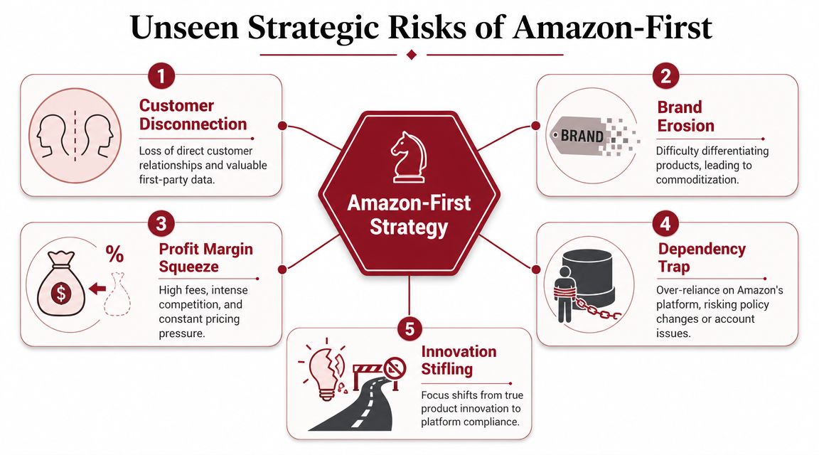 An infographic detailing five unseen strategic risks of relying solely on an Amazon-first business strategy.