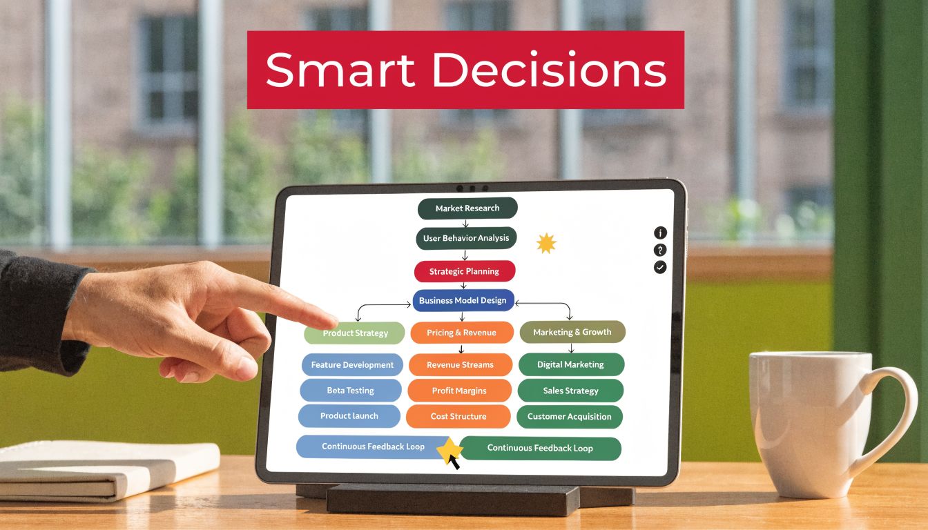 A hand pointing to a strategic decision-making flowchart displayed on a tablet screen on a wooden desk.