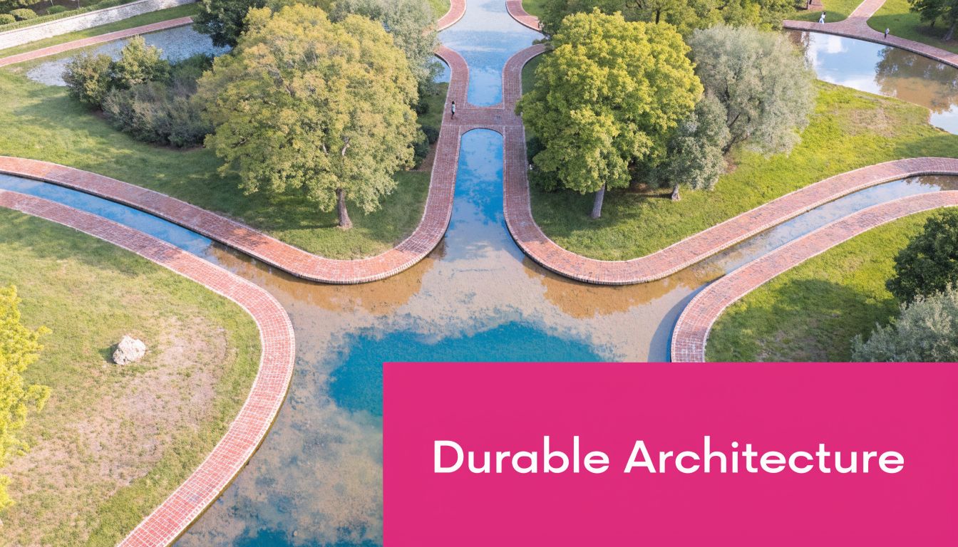 An aerial view of a symmetrical landscape design with brick walkways, lush trees, and reflective water features.