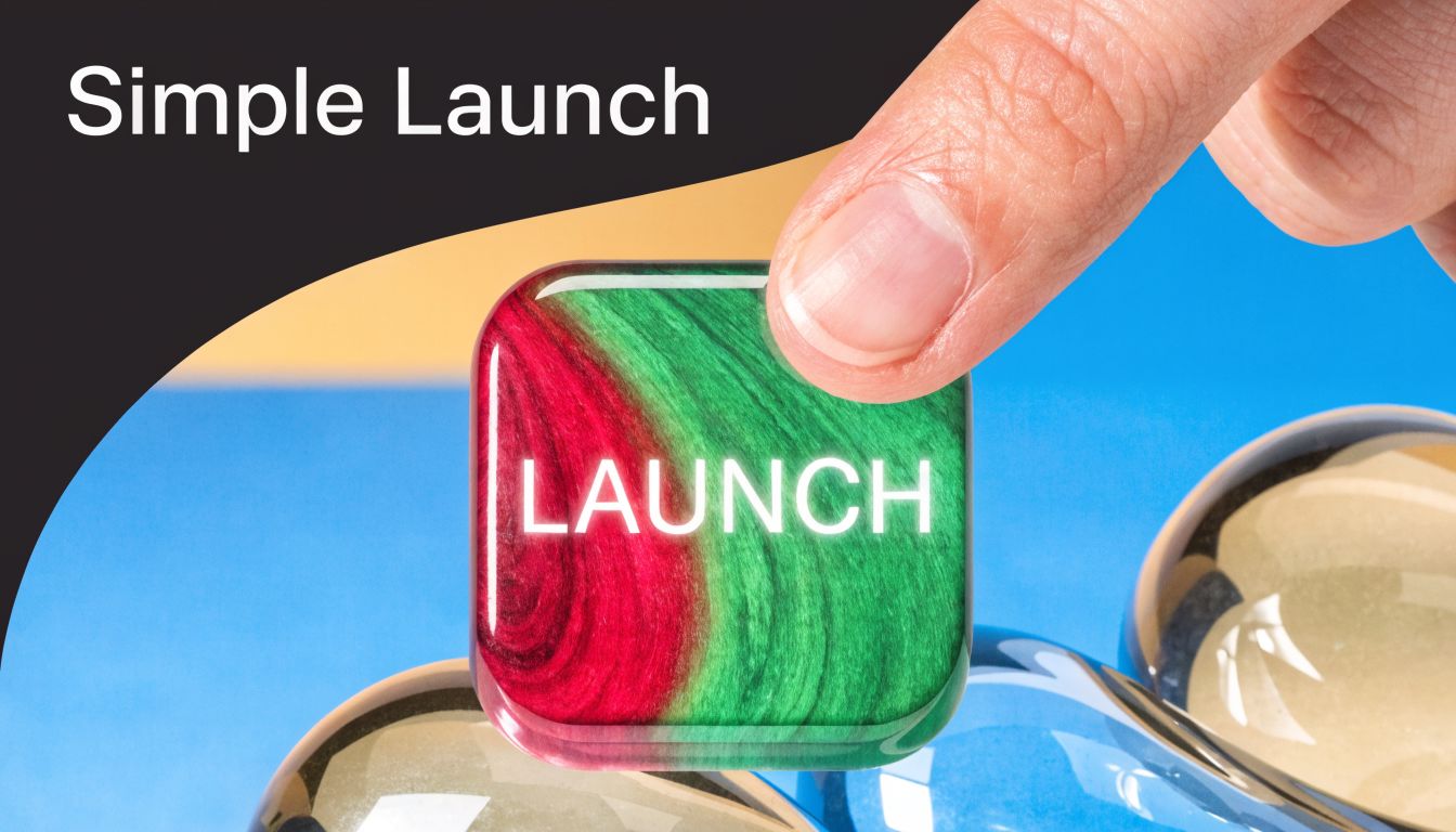 A hand pressing a glossy square button with the word LAUNCH on a colorful background.