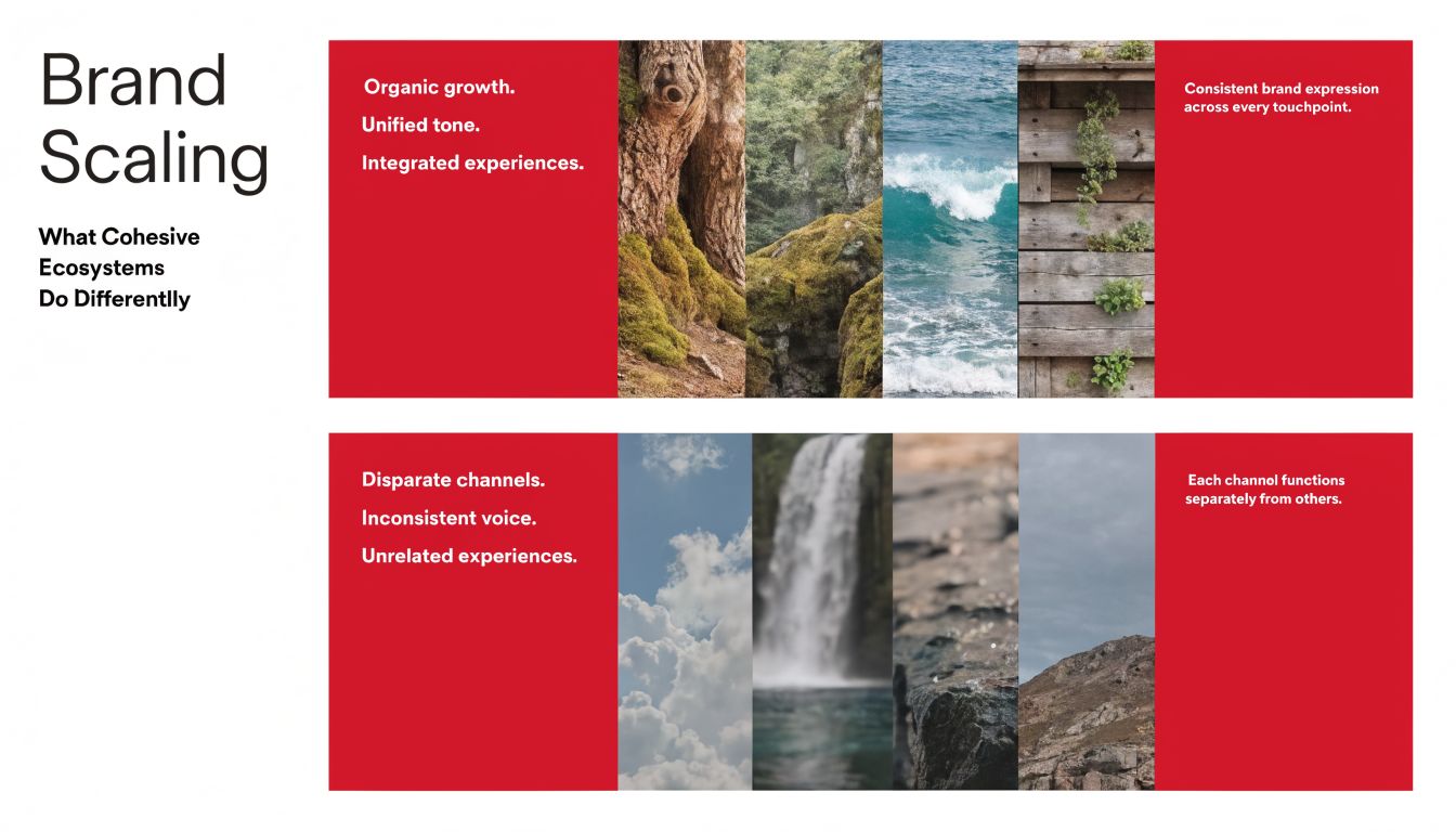 A comparison chart showing how cohesive brand ecosystems create consistent growth versus fragmented, unrelated channel experiences.
