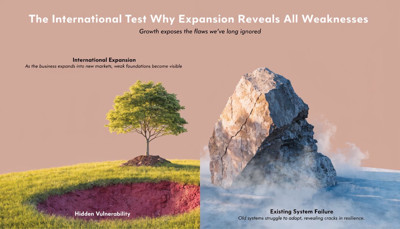 A split image showing a green tree near a sinkhole and a cracked rock representing business expansion challenges.