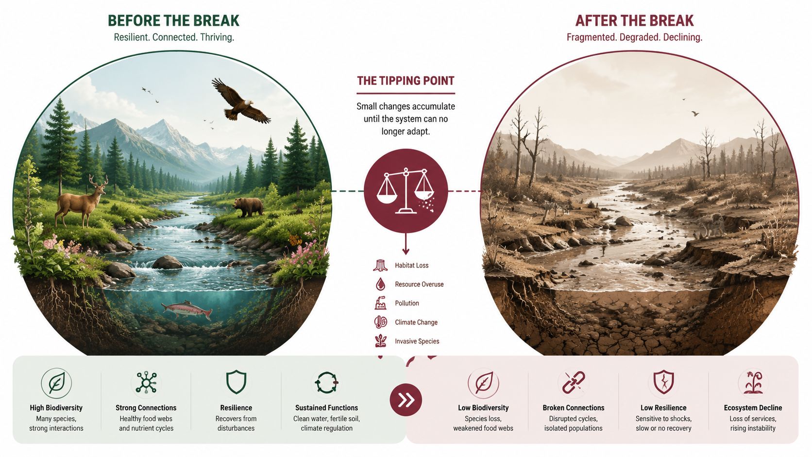 A diagram comparing a thriving, resilient ecosystem to a degraded, fragmented landscape following a ecological tipping point.