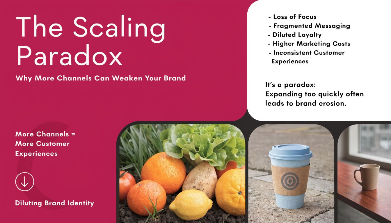A graphic titled The Scaling Paradox illustrating how rapid business expansion across channels can erode brand identity.
