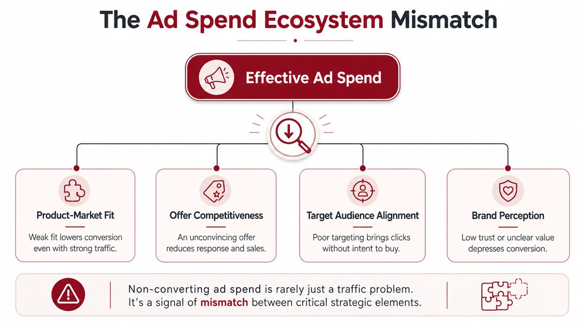 A diagram illustrating how product-market fit, offers, targeting, and brand perception cause ad spend inefficiencies.