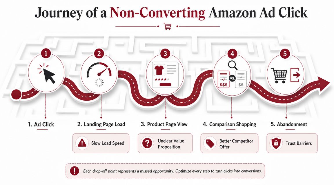 A diagram illustrating the five stages of a non-converting Amazon ad click journey, highlighting common drop-off points.