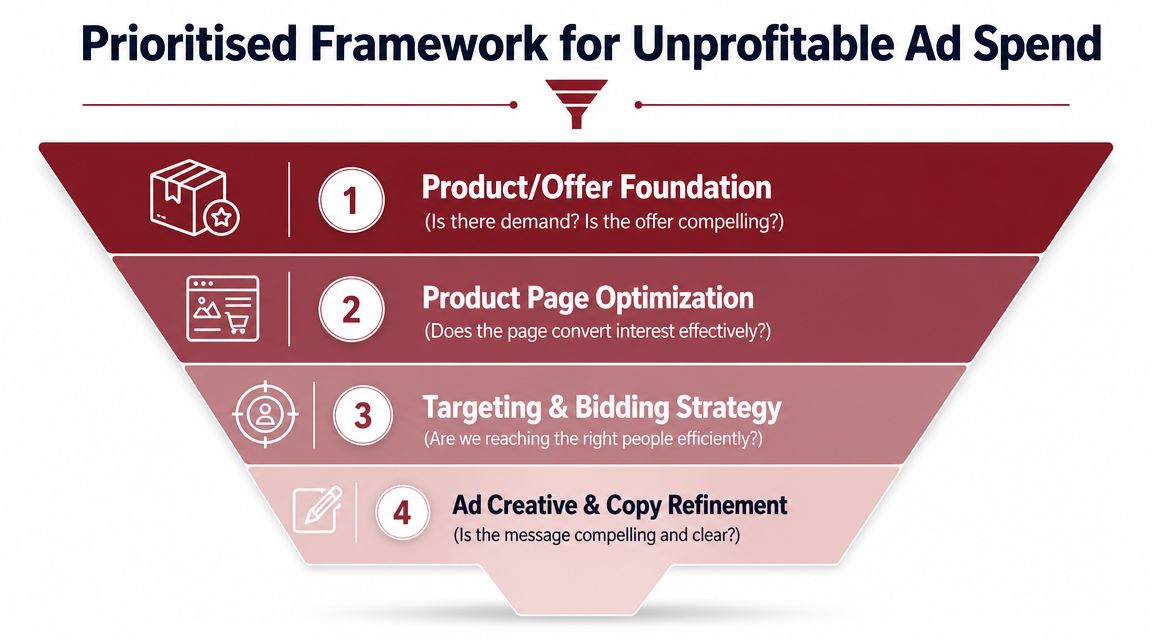A funnel diagram outlining a prioritized framework for fixing unprofitable advertising spend in four strategic steps.