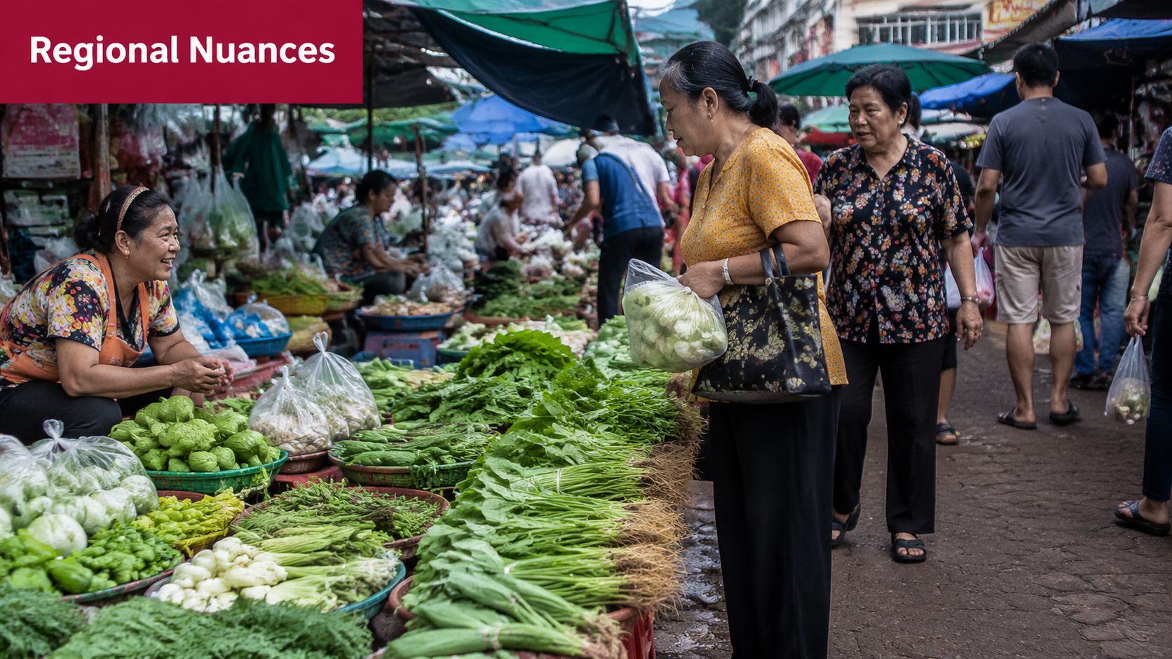 An elderly woman shopping for fresh greens at a vibrant, crowded outdoor market in Southeast Asia.