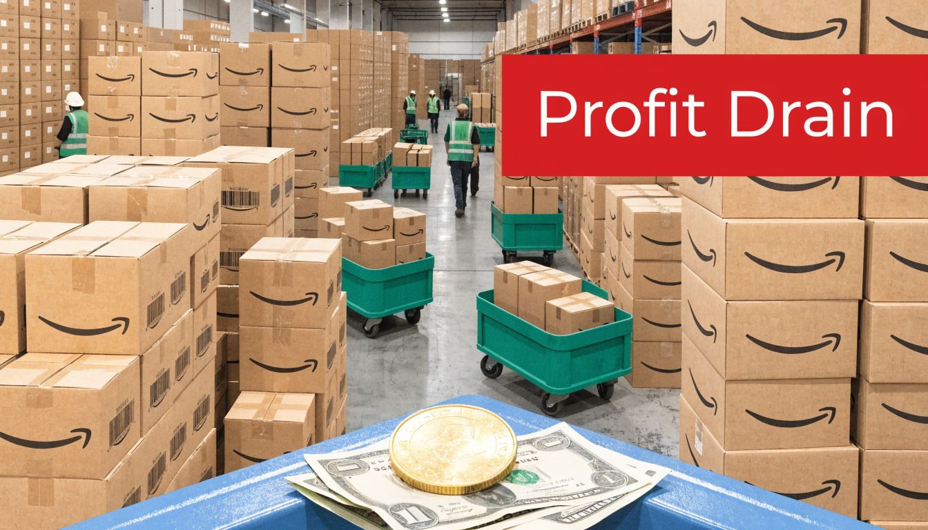 A warehouse scene with Amazon packages and money, representing the profit margins for online sellers.