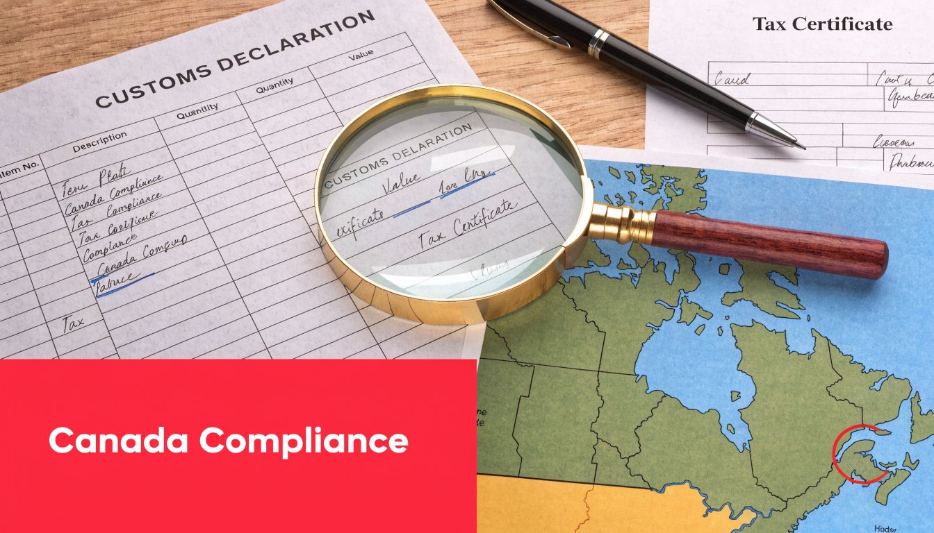 A magnifying glass placed over a customs declaration document next to a map of Canada and a pen.