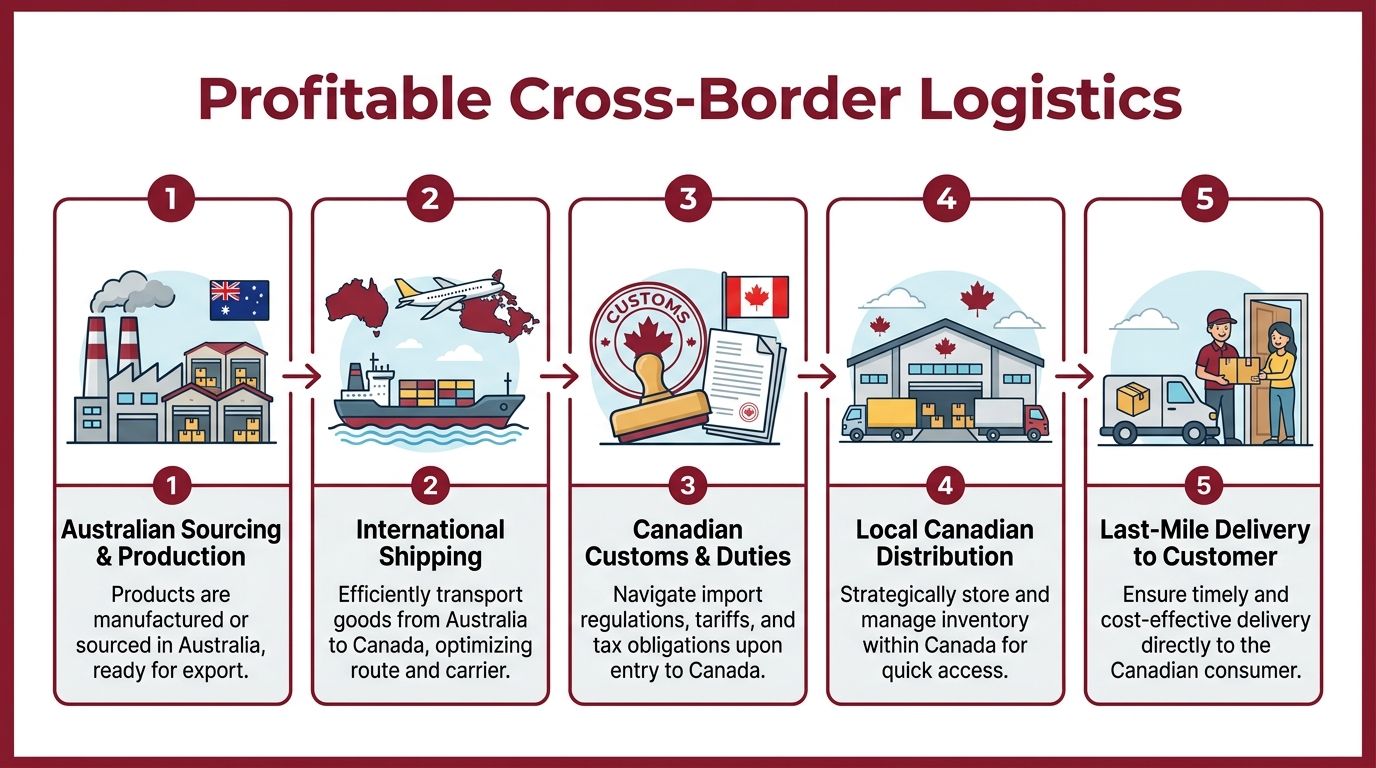 A five-step infographic showing the logistics process of exporting products from Australia to Canada for consumers.
