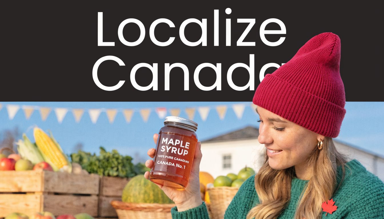 A woman wearing a red beanie holds a jar of pure Canadian maple syrup at a market.