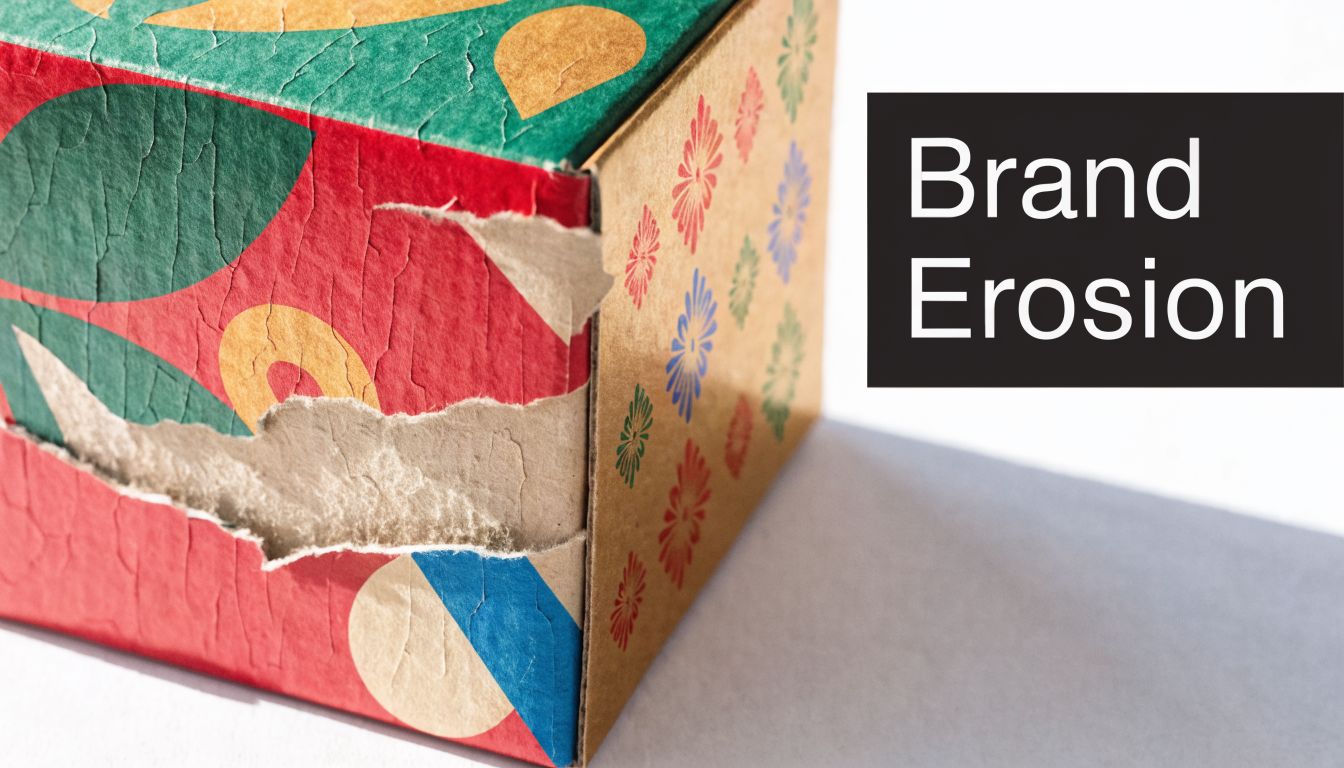 A damaged, torn branded cardboard box sitting on a surface illustrating the concept of brand erosion.