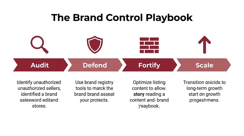 A diagram titled The Brand Control Playbook outlining four business steps: Audit, Defend, Fortify, and Scale.